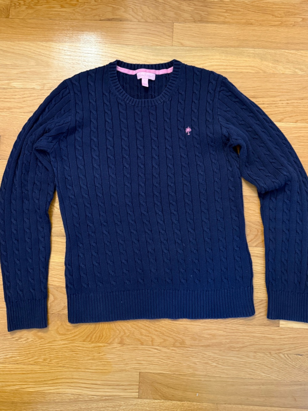 Lilly Pulitzer cotton Navy Cable-Knit Women’s Sweater with Pink Accent. Size L